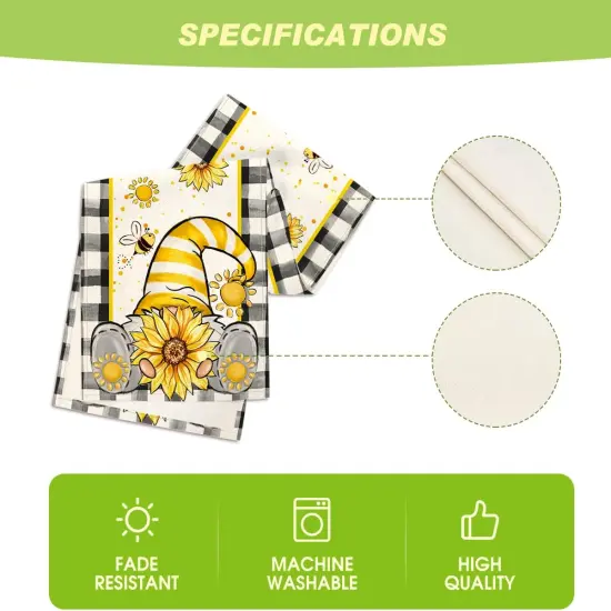 Buffalo Plaid Sunflower Gnomes Bee Summer Table Runner, Seasonal Kitchen Dining Table Decoration for Home Party Decor 13x72 Inch {5}