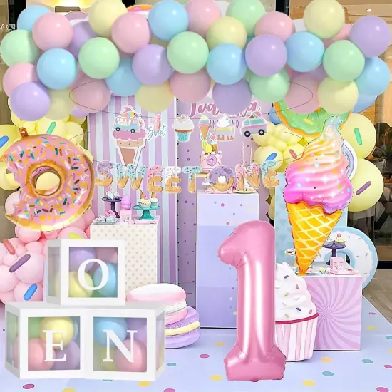 Sweet One Birthday Party Decorations, First Birthday Decorations For Girl With Pastel Balloons, 40inch Pink 1 Balloon, Sweet One Banner,O-N-E Box And Ice Cream Donuts Balloons for Party {2}