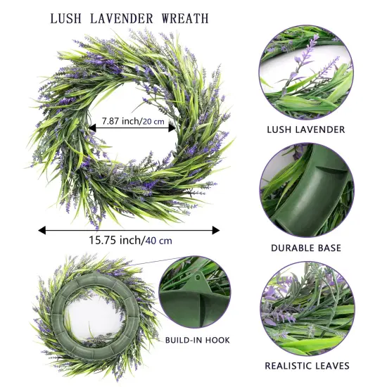 16&rdquo; Lavender Wreath Front Door Small Artificial Flower Farmhouse Purple Wreath for Wall Window Wedding Decor Outdoor Indoor Home Decoration {3}