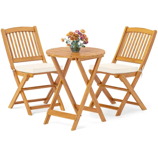 3 Pieces Acacia Wood Patio Folding Bistro Set with Soft Cushions and Slatted Backrest Beige {4}