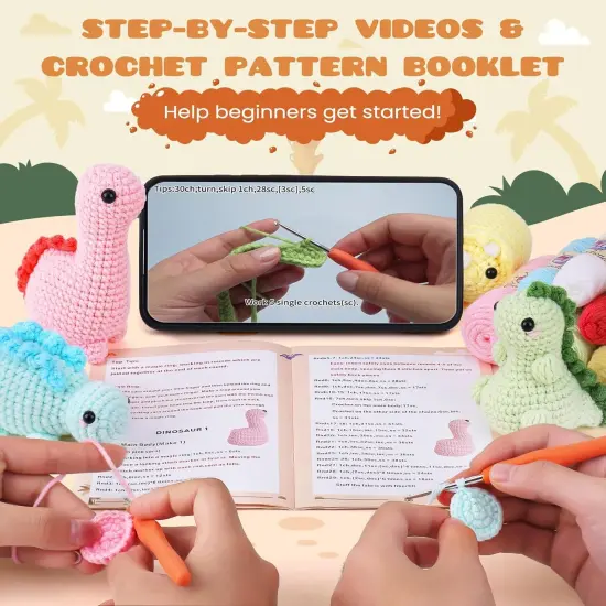 Crochet Kit for Beginners, Beginner Crochet Kit for Adults with Step-by-Step Video Tutorials, DIY Crochet Animal Kits Kids Knitting Supplies, 4 Pack Dinosaurs (40%+ Yarn) {2}