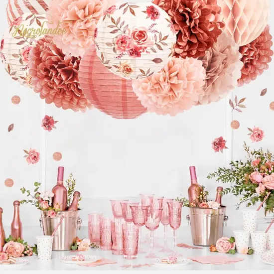 Wedding Decorations, 12PCS Rose Gold Paper Lanterns Tissue Pom Poms Confetti Decor for Bridal Shower Bachelorette Valentines Party, Rose Gold Pink Girl Birthday Party Decoration {3}