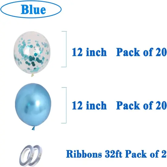 Party Balloons Pack of 42 - Metallic Blue Balloons and Blue Confetti Balloons With 64ft Ribbons 12 Inch Chrome Latex Helium Balloon Decoration Set {5}