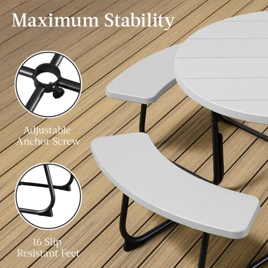 Best Choice Products 8-Person Circular Outdoor Picnic Table w/ 4 Benches, Umbrella Hole, 2000lb Capacity White {5}