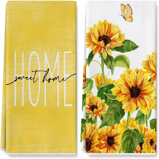 Sunflower Kitchen Towel Home Sweet Home Floral Dish Towel Spring Summer Flower Butterfly Hand Drying Tea Towel for Seasonal Cooking Baking Cleaning, 18 x 28 Inch, 2 Packs {1}