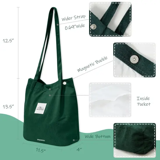 Wrapables Corduroy Tote Bag, Casual Everyday Shoulder Handbag, Forest Green {2}