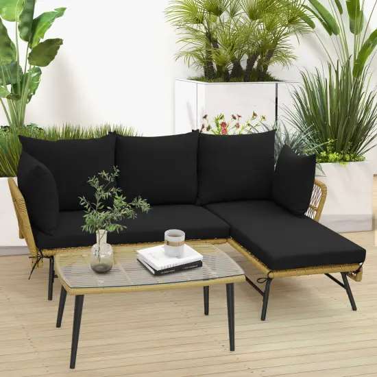 3 Pieces L-Shaped Patio Sofa with Tempered Glass Coffee Table with Metal Frame Black {2}