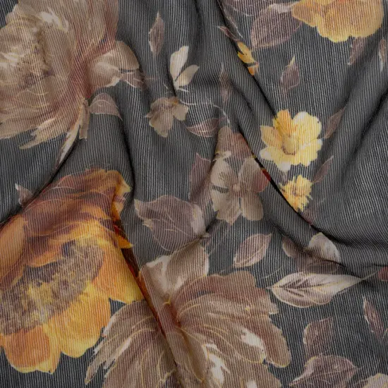 1 Yard Polyester Chiffon Fabric Floral Print, Black, Orange & Yellow, 61" Width {1}