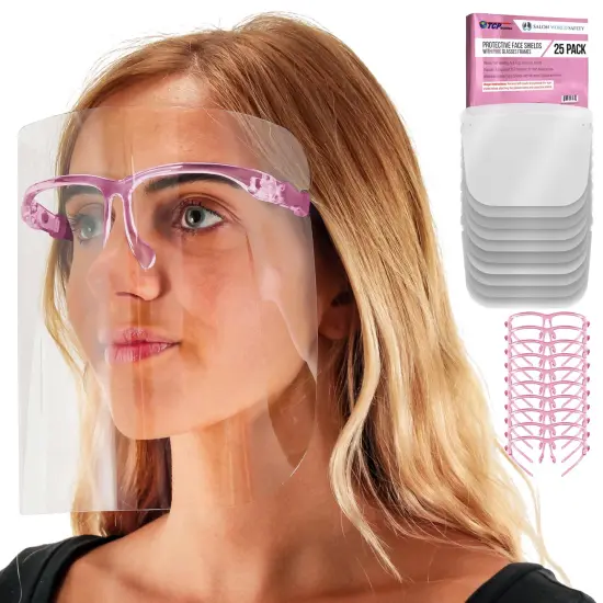 Safety Face Shields with Pink Glasses Frames (Pack of 25) - Ultra Clear Protective Full Face Shields to Protect Eyes Nose Mouth - Anti-Fog PET Plastic {1}