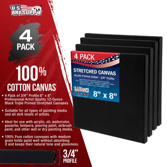 8 x 8 inch Black Stretched Canvas 12-Ounce Primed, 4-Pack - Professional Artist Quality 3/4" Profile, 100% Cotton, Heavy-Weight, Gesso {2}