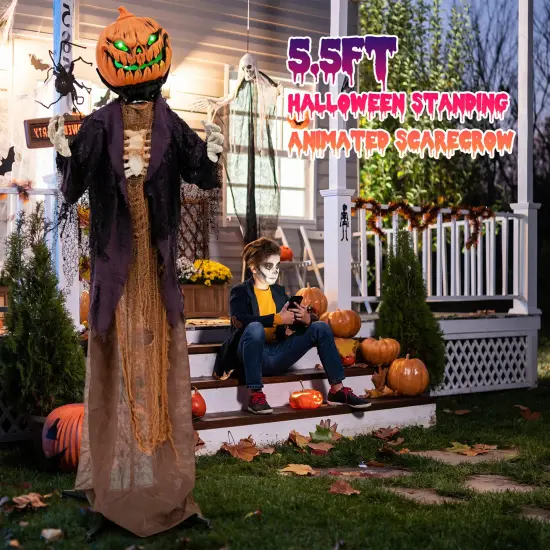 5.6 Feet Halloween Animated Pumpkin Scarecrow with Sound Activated Moan and Glowing Green Eyes {6}