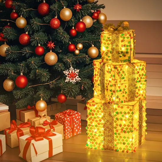 Set of 3 Christmas Lighted Gift Boxes with Pre-lit 90 LED Light and Bows {2}