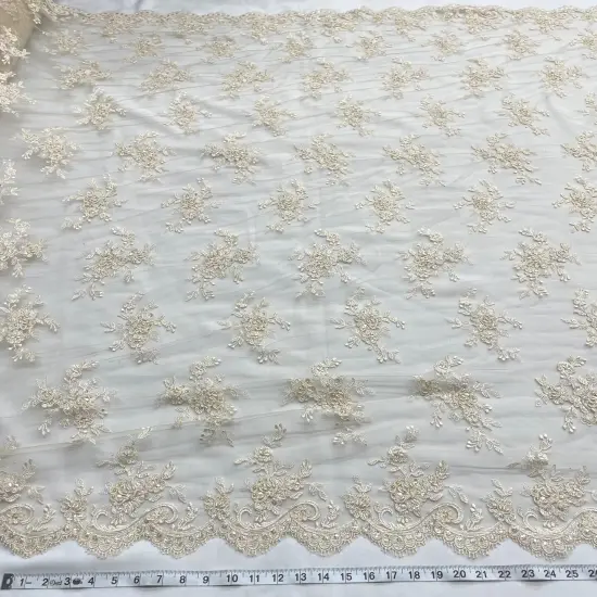 1 Yard Beaded Corded Bridal Lace Fabric Embroidered Mesh Champagne 54" Width {1}