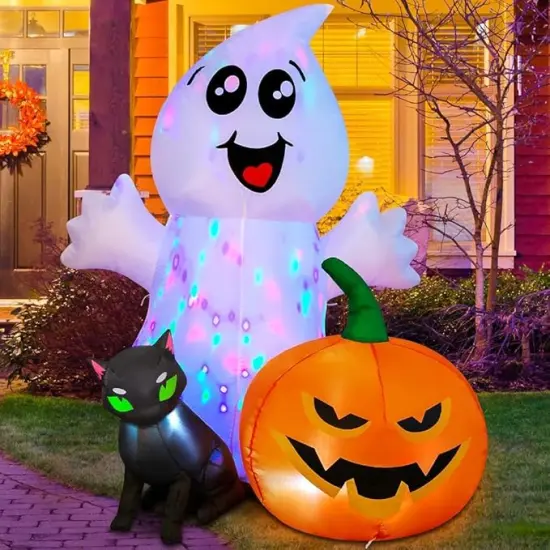 Ghost with Black Cat and Pumpkin, Built-in LEDs Blow Up Yard Decoration for Party Outdoor Yard Garden Lawn {6}