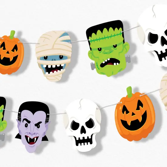 Big Dot of Happiness Halloween Monsters Garland Banner, 30 Feet of Cord, 15 Paper Skeleton, Dracula, Frankenstein, Mummy, and Jack-O'-Lantern Shapes {1}
