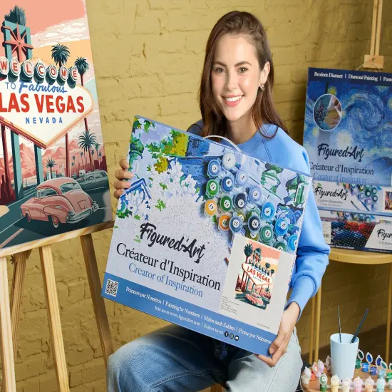 Figured'Art Paint by Numbers for Adults with Frame Travel Poster Las Vegas 16"x20" - Craft Art Painting DIY Kit Canvas Already Stretched on a Wooden Frame {2}
