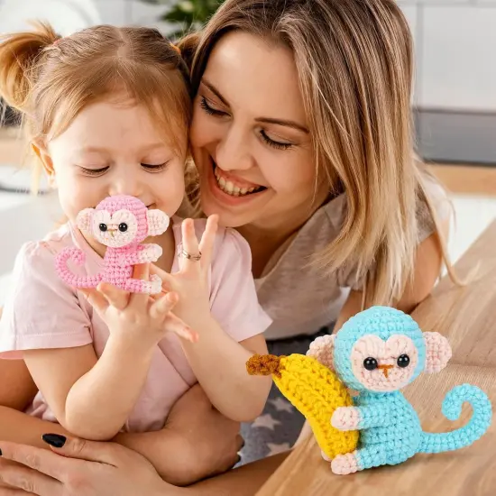 Crochet Kit for Beginners - 2 PCS Monkey with Banana, Step-by-Step Video Tutorials, for Adults and Kids (Blue & Pink) {4}
