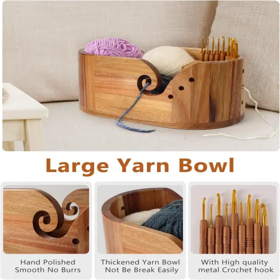 9pcs Knitting Hooks, Yarn Storage Crochet Bowl Knitting for Crocheters, Large Yarn Bowl Acacia Wooden 11.3x5.9x4.7inch {2}