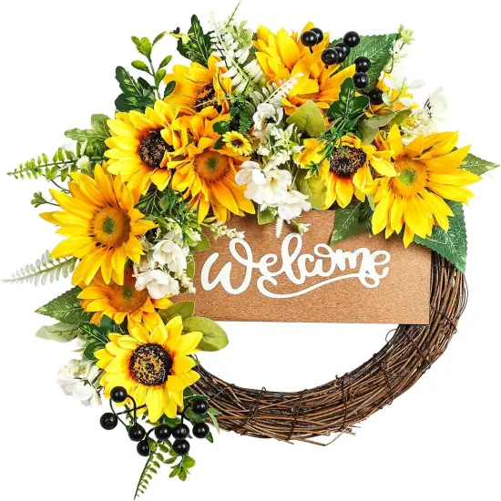 15&ldquo; Sunflower Summer Floral Wreath for Front Door with Welcome Sign,Sunflower Daisy Yellow Summer Wreath for Door Wall Front Porch Home Decoration Outdoor {1}