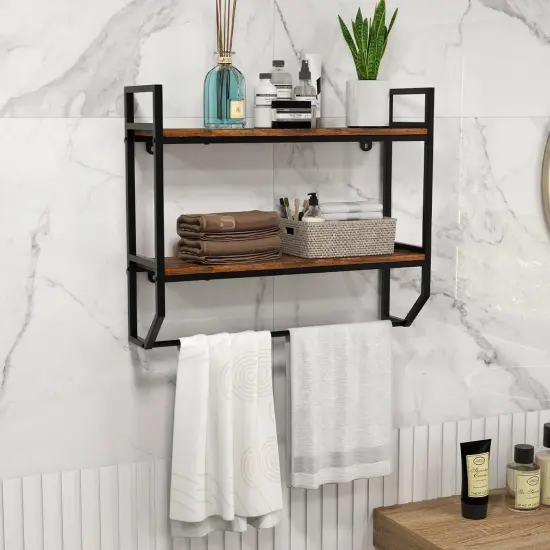 Rustic Brown Wall Mounted Bathroom Shelf with Towel Bar Modern 2 Tier Over Toilet Storage Rack {5}