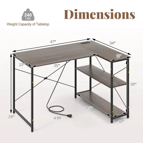 Costway 48'' Reversible L Shaped Computer Desk Home Office Table Adjustable Shelf Brown\Gray\Natural {3}