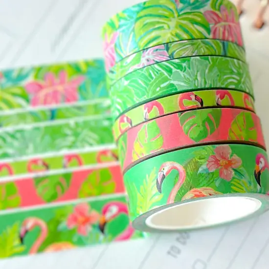 Tropical Flamingos Leaves Vacation Lush Green Pink Washi Tape Set August 2025 - W137 {1}