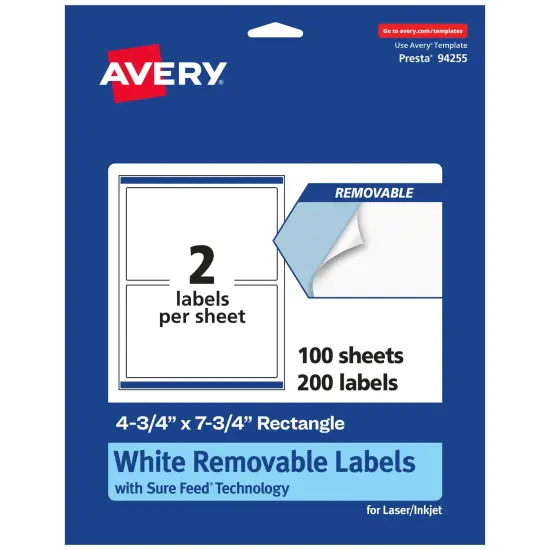 Avery Matte White Removable Rectangle Labels with Sure Feed Technology, Print-to-the-Edge, 4.75" x 7.75" {7}