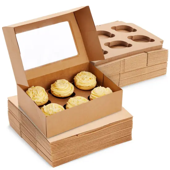 24 Pack 6 Count Cupcake Boxes with Windows - To Go Containers for Bakery, Desserts, Muffins (Kraft Paper, 9.4x6.2x2.9 In) Brown {1}