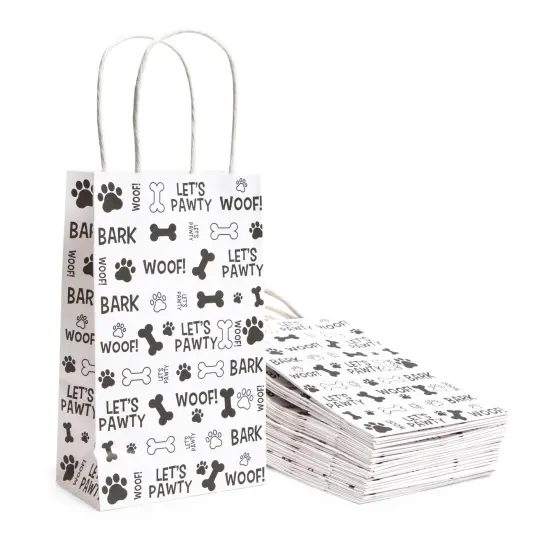24 Pack Paw Print Gift Bags with Handles For Goodies, Party Favors, Let's Pawty Party Decorations (5.3 x 3.2 x 9 In) White {1}