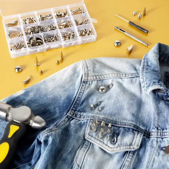 150-Piece Silver Spikes and Studs Set, 13 Assorted Shapes with Screws, Phillips Screwdriver, Hole Punch Tool, and Plastic Storage Case for Crafts and Clothing Decorations {2}
