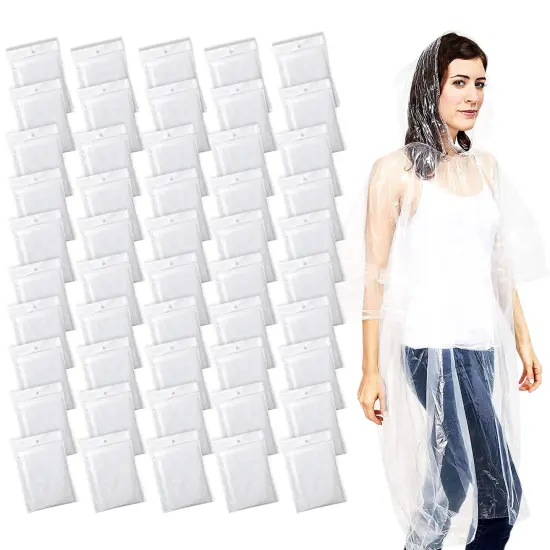 50 Pack Disposable Rain Ponchos for Adult, Bulk Emergency Ponchos with Hood, Individually Wrapped Raincoats (One Size) Clear {1}