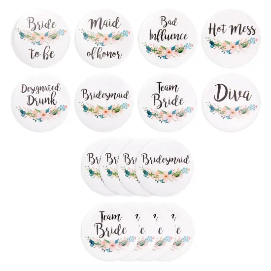 16 Pack - Bridal Party Pins - Wedding Party Buttons - Bridesmaid Gifts, Favors & Gifts, Team Bride, Maid of Honor Party Supplies, White, 8 Unique Designs {5}