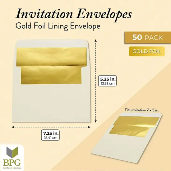 Invitation Envelopes with Gold Foil Lining (5.25 x 7.25 Inches, Ivory, 50 Pack) White {2}