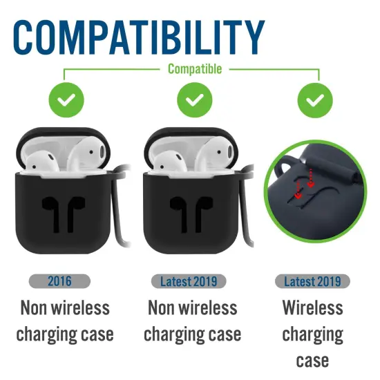 For Airpods Case with Keychain, Protective Rubber Silicone Soft Gel Cover Skin with Carabiner for Airpods 1 1st and Airpods 2 2nd Gen Earbuds Accessories - Black by Insten {2}