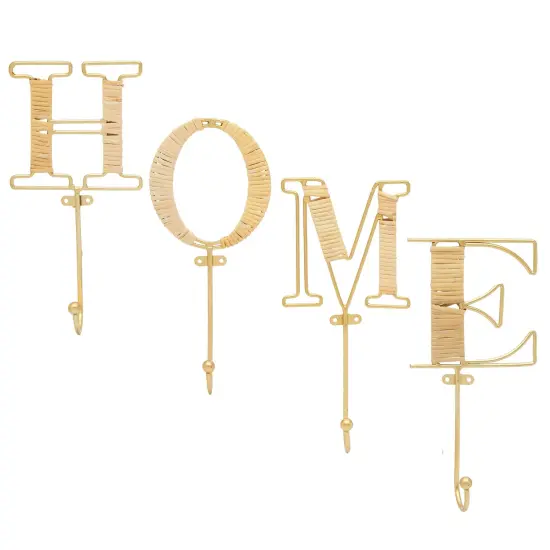 4 Piece Wall Mount Key Holder with 4 Hooks, Rustic Rattan Home Letters for Key Storage (4 x 10 In) Gold {1}