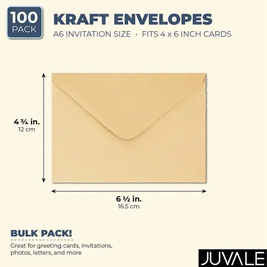 100 Pack A6 Kraft Paper Envelopes, V-Flap Envelope - Ideal for Invitations, Weddings, Birthdays, Baby Showers, Greeting Cards & Thank You Notes (Light Brown) {4}