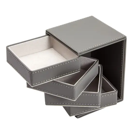 4 Layer Rotating Jewelry Organizer for Men, Women, Small Faux Leather Box for Necklaces, Rings, Earring, Bracelets (Gray, 4 x 5 In) Grey {7}