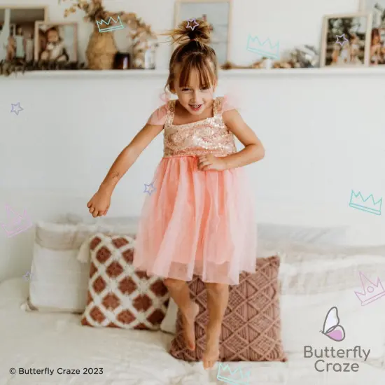 Butterfly Craze Birthday Sequin Dress with Glitter and Sparkle for Little Girls, Fluttering Into the Princess Ballerina Party, Perfect for Dress-up Parties, & Other Occasions, Pink/Gold, 6 years {7}