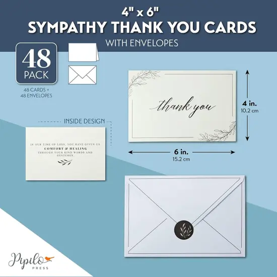 Sympathy Thank You Cards with Envelopes and Stickers (4 x 6 In, 48 Pack) White {2}