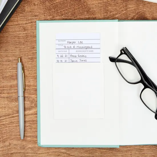 100 Pack Library Card Pockets Self Adhesive for Book Checkouts, CDs, DVDs, Classroom Supplies (3.5 x 4.5 In) White {6}