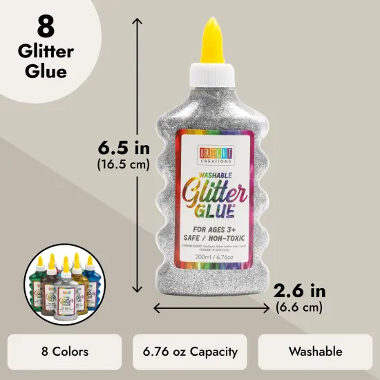 8 Pack Glitter Glue, 6.76 oz Each, Metallic Colors &ndash; Ideal for DIY, School Projects, Arts and Crafts, Easy Squeeze Bottles for Kids and Adults Multicolor {3}