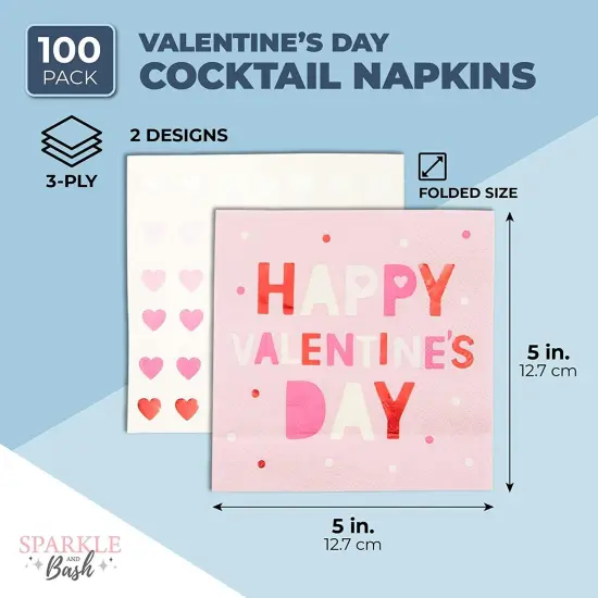 Sparkle and Bash 100 Pack Heart & Pink Valentine's Day Paper Napkins, 5x5 Inch Folded, Decorative Cocktail Party Supplies for Home, School, Office Events {2}