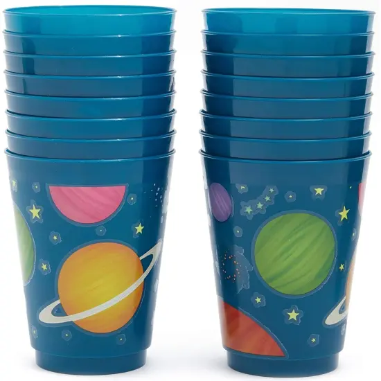16 Pack Plastic Outer Space Cups for Kids, Galaxy Party Favors for Birthday Party Supplies (16 oz) Blue {7}