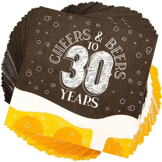 Cheers & Beers Paper Napkins for 30th Birthday Party (6.5 x 6.5 In, 100 Pack) Black {1}