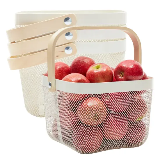 4 Pack Square Metal Mesh Fruit Basket with Wooden Handle for Kitchen, Pantry Storage and Organization (9.5 x 7 In, White) {1}