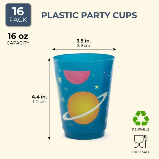16 Pack Plastic Outer Space Cups for Kids, Galaxy Party Favors for Birthday Party Supplies (16 oz) Blue {2}