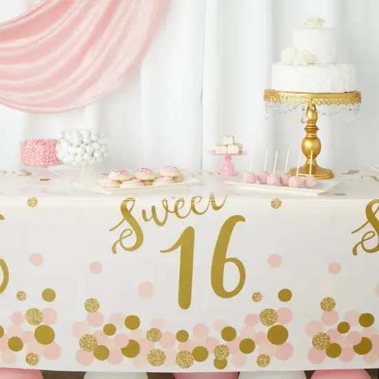 3 Pack Sweet 16 Tablecloth for Girl 16th Birthday Party Decorations (54 x 108 In) White {3}