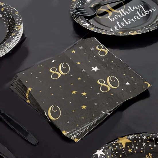 100 Pack Bulk Happy 80th Birthday Napkins for Party Decorations, 2-Ply, Black and Gold (6.5 x 6.5 In) {3}