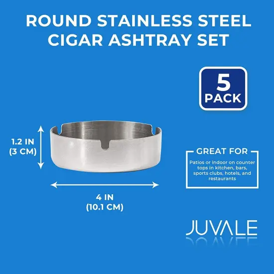 5 Pack Stainless Steel Ashtrays for Cigarettes, Outdoor, Indoor Round Patio Ashtray, 3 Slots Each (4 x 4 x 1.2 In) Silver {4}