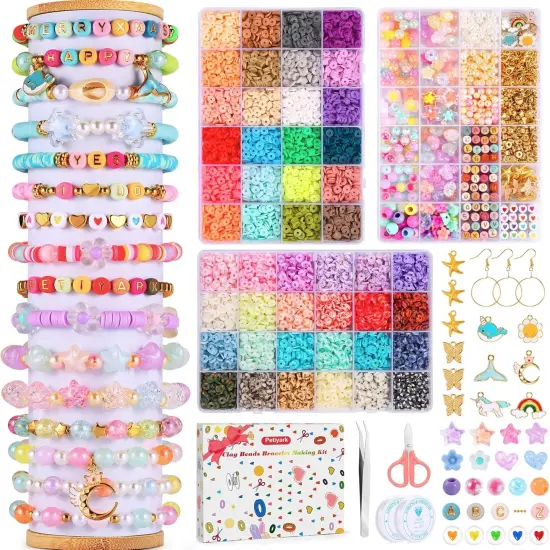 10525Pcs Clay Beads Bracelet Making Kit, Friendship Bracelet Kit Flat Polymer Clay Beads for Jewelry Making, 48Colors Bead Set 925Pcs Charms Kit with Letter Beads for Girls DIY Craft Gift {1}